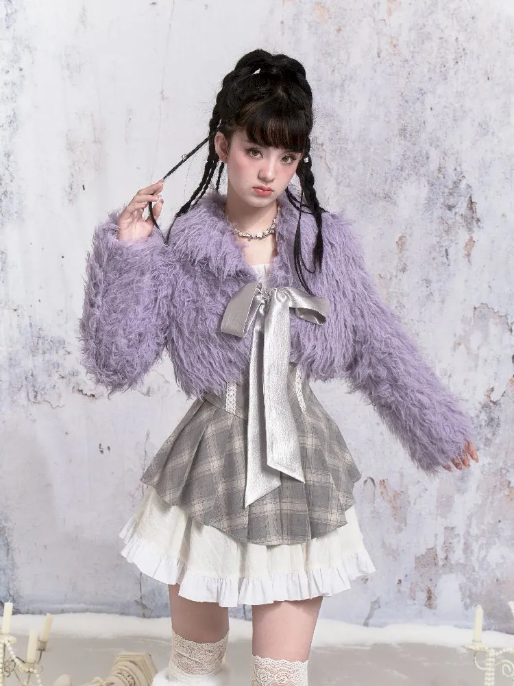 Purple Fox Fur Bow Shoulder Jacket【s0000005305】