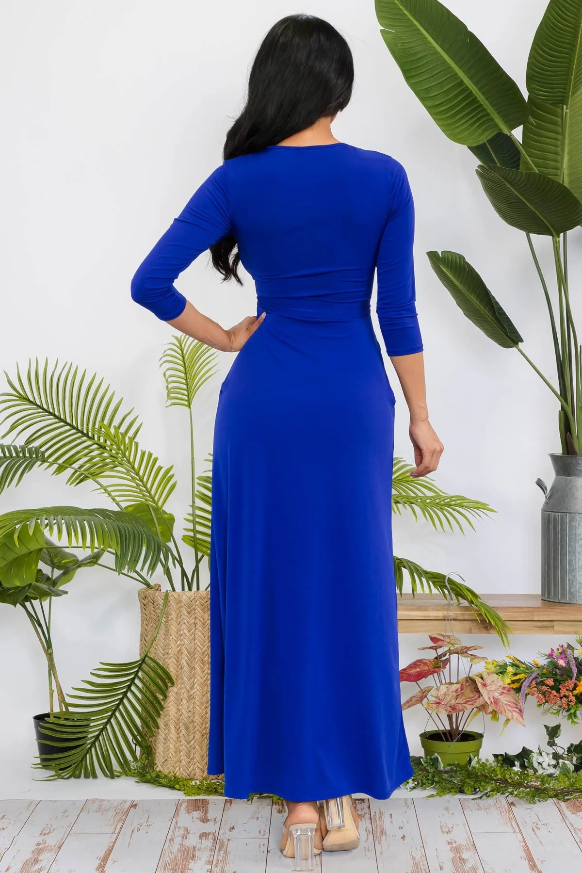 SAN149R-SOLID - 3/4 SLEEVE MAXI DRESS