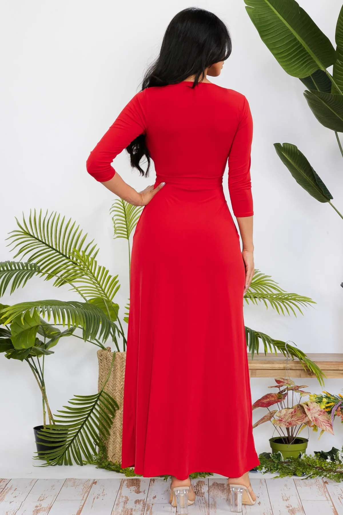 SAN149R-SOLID - 3/4 SLEEVE MAXI DRESS