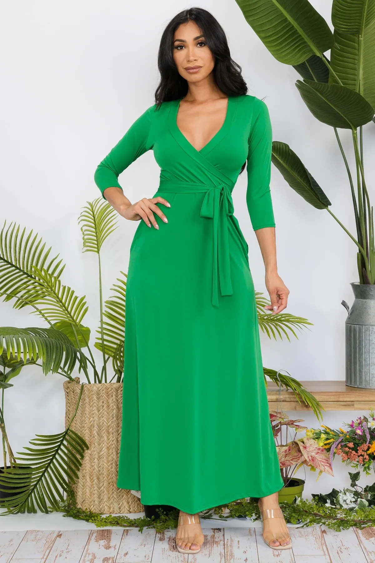 SAN149R-SOLID - 3/4 SLEEVE MAXI DRESS