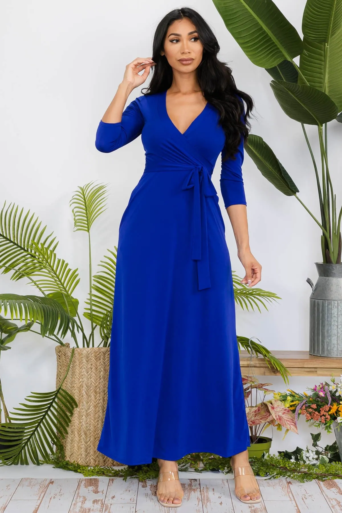 SAN149R-SOLID - 3/4 SLEEVE MAXI DRESS