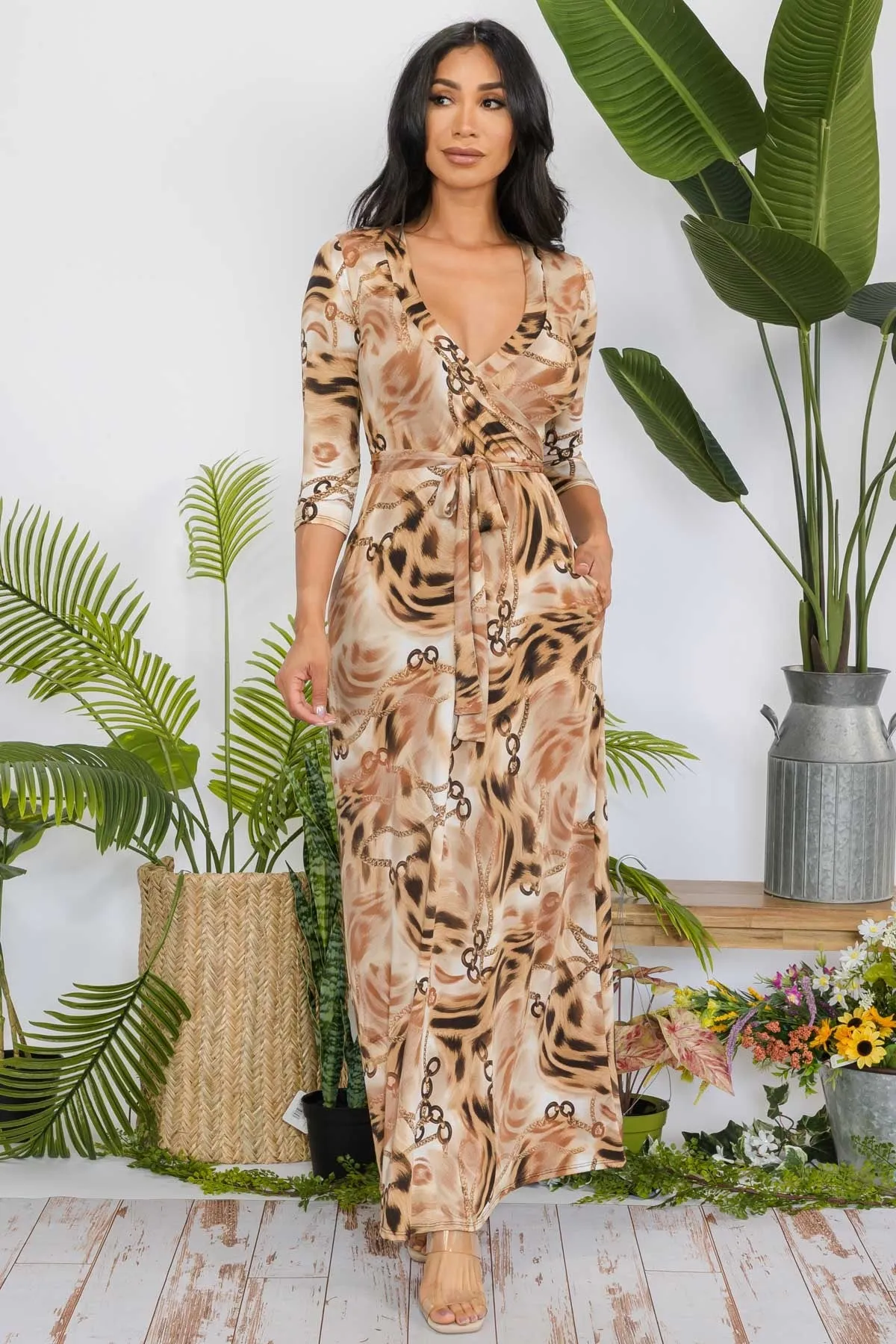 SAN149X-ANIMAL - 3/4 SLEEVE MAXI DRESS