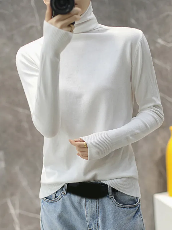 Simple Loose Long Sleeves Solid Color High-Neck Pullovers