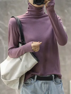 Simple Loose Long Sleeves Solid Color High-Neck Pullovers