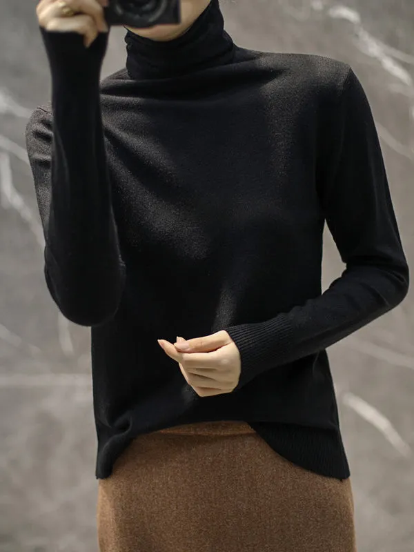 Simple Loose Long Sleeves Solid Color High-Neck Pullovers