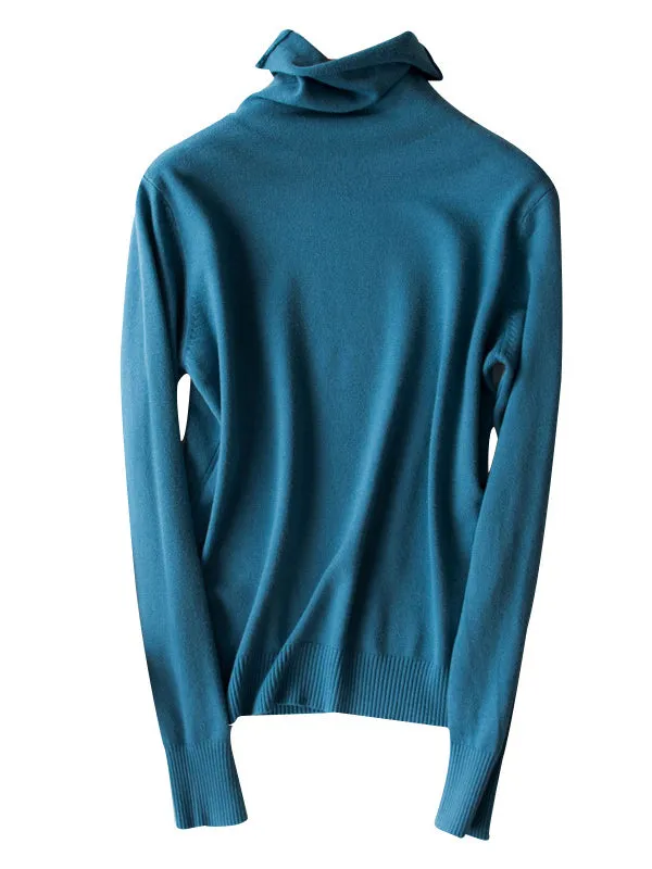 Simple Loose Long Sleeves Solid Color High-Neck Pullovers