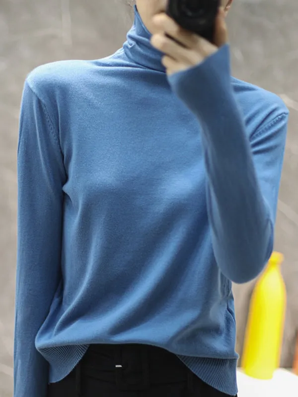 Simple Loose Long Sleeves Solid Color High-Neck Pullovers