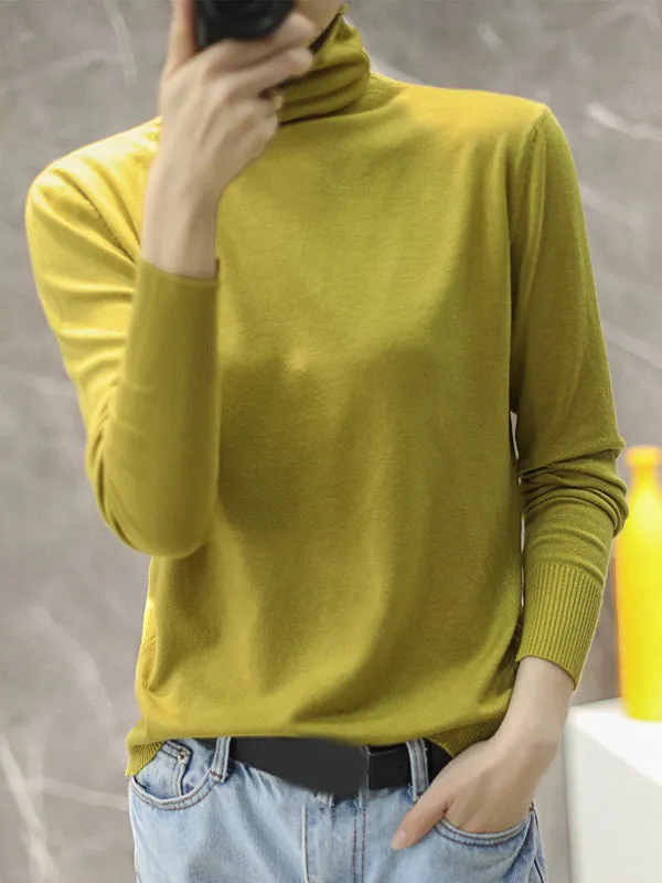 Simple Loose Long Sleeves Solid Color High-Neck Pullovers