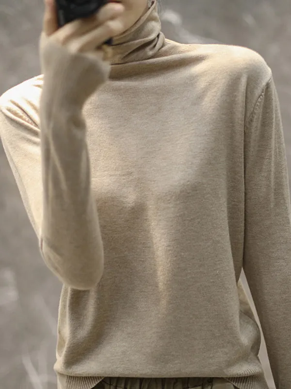 Simple Loose Long Sleeves Solid Color High-Neck Pullovers