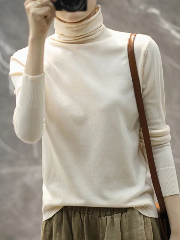 Simple Loose Long Sleeves Solid Color High-Neck Pullovers