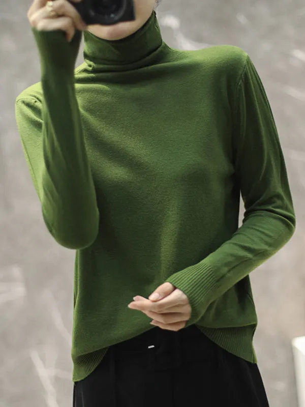 Simple Loose Long Sleeves Solid Color High-Neck Pullovers