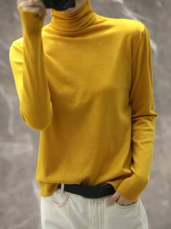 Simple Loose Long Sleeves Solid Color High-Neck Pullovers