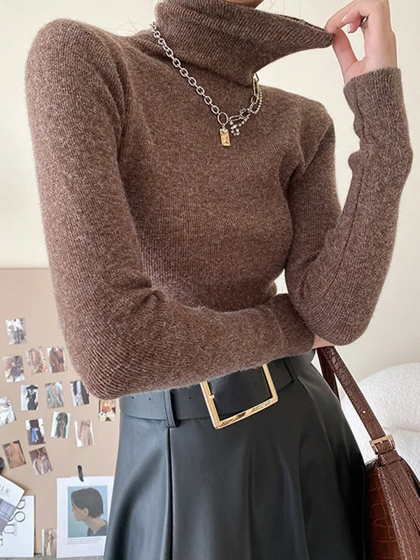 Simple Skinny Long Sleeves Solid Color High-Neck Pullovers