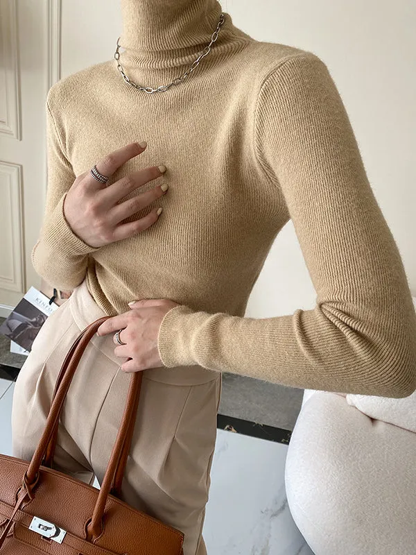 Simple Skinny Long Sleeves Solid Color High-Neck Pullovers