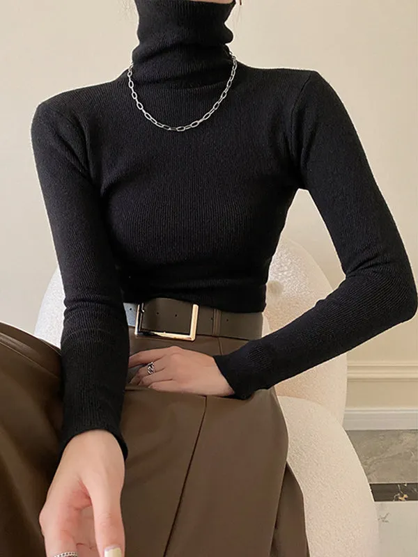 Simple Skinny Long Sleeves Solid Color High-Neck Pullovers