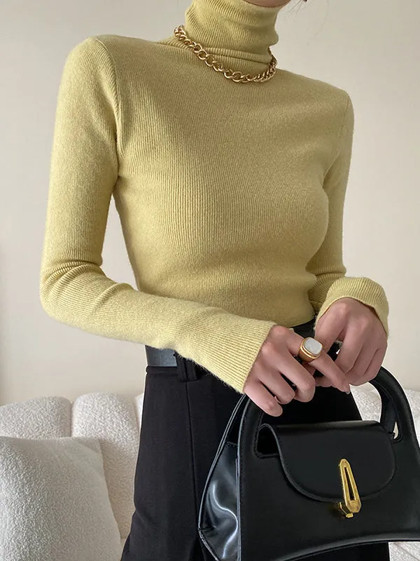 Simple Skinny Long Sleeves Solid Color High-Neck Pullovers