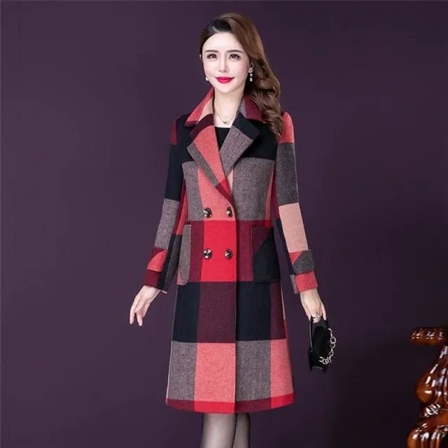 Thicken Warm Wool Blends Slim Long Tops Outerwear Plaid Overcoat