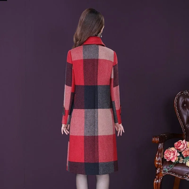 Thicken Warm Wool Blends Slim Long Tops Outerwear Plaid Overcoat