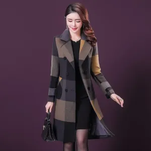 Thicken Warm Wool Blends Slim Long Tops Outerwear Plaid Overcoat