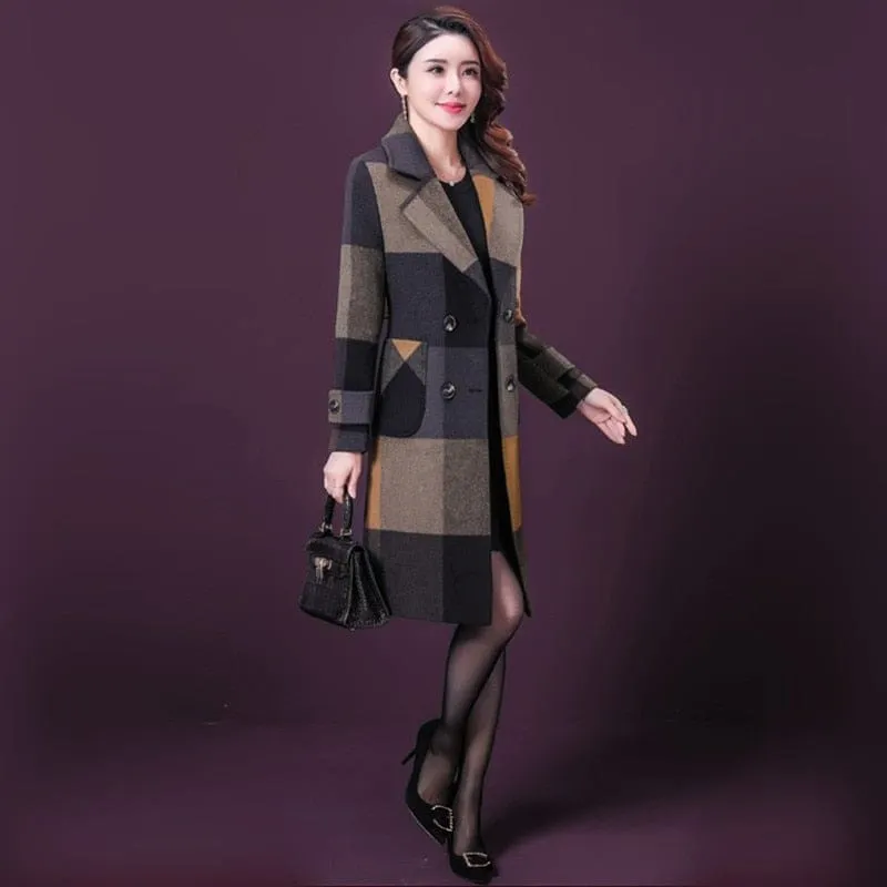 Thicken Warm Wool Blends Slim Long Tops Outerwear Plaid Overcoat