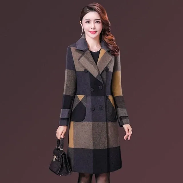 Thicken Warm Wool Blends Slim Long Tops Outerwear Plaid Overcoat