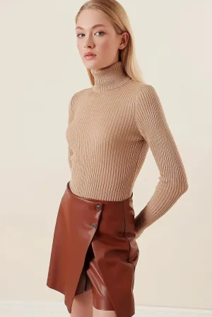 Women's Beige Ribbed Turtleneck Sweater | Classy Knitwear for All Seasons