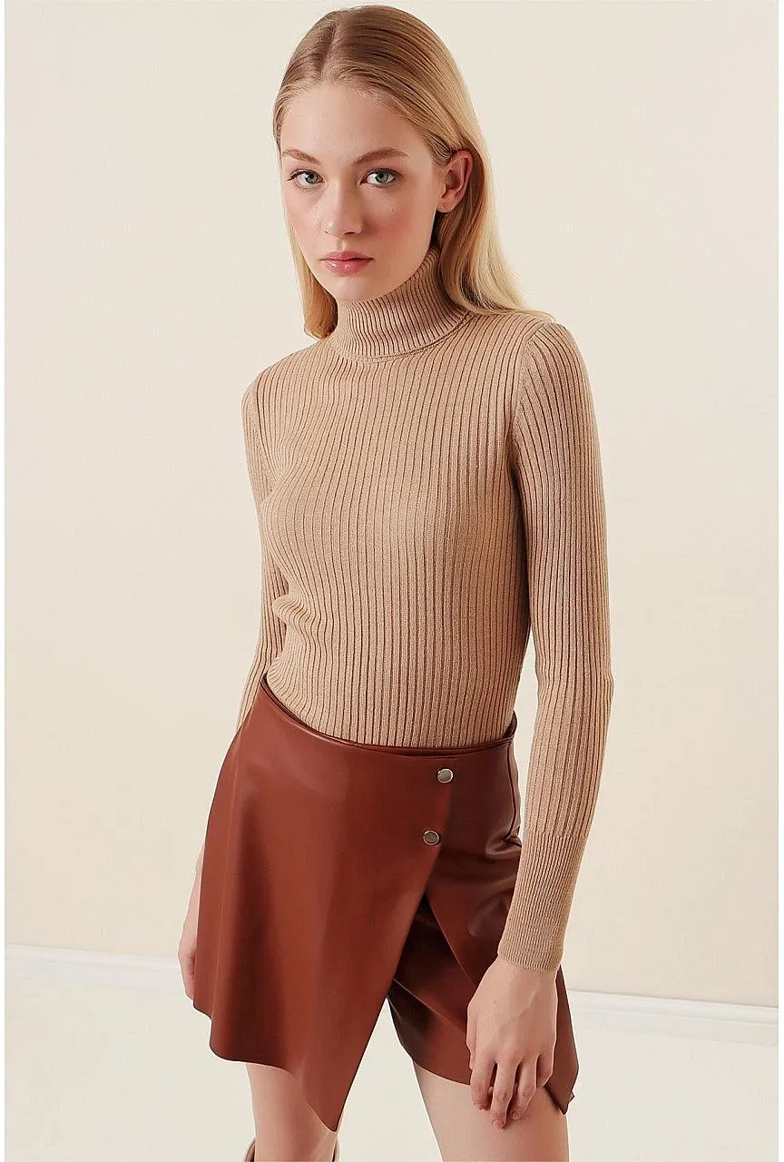 Women's Beige Ribbed Turtleneck Sweater | Classy Knitwear for All Seasons