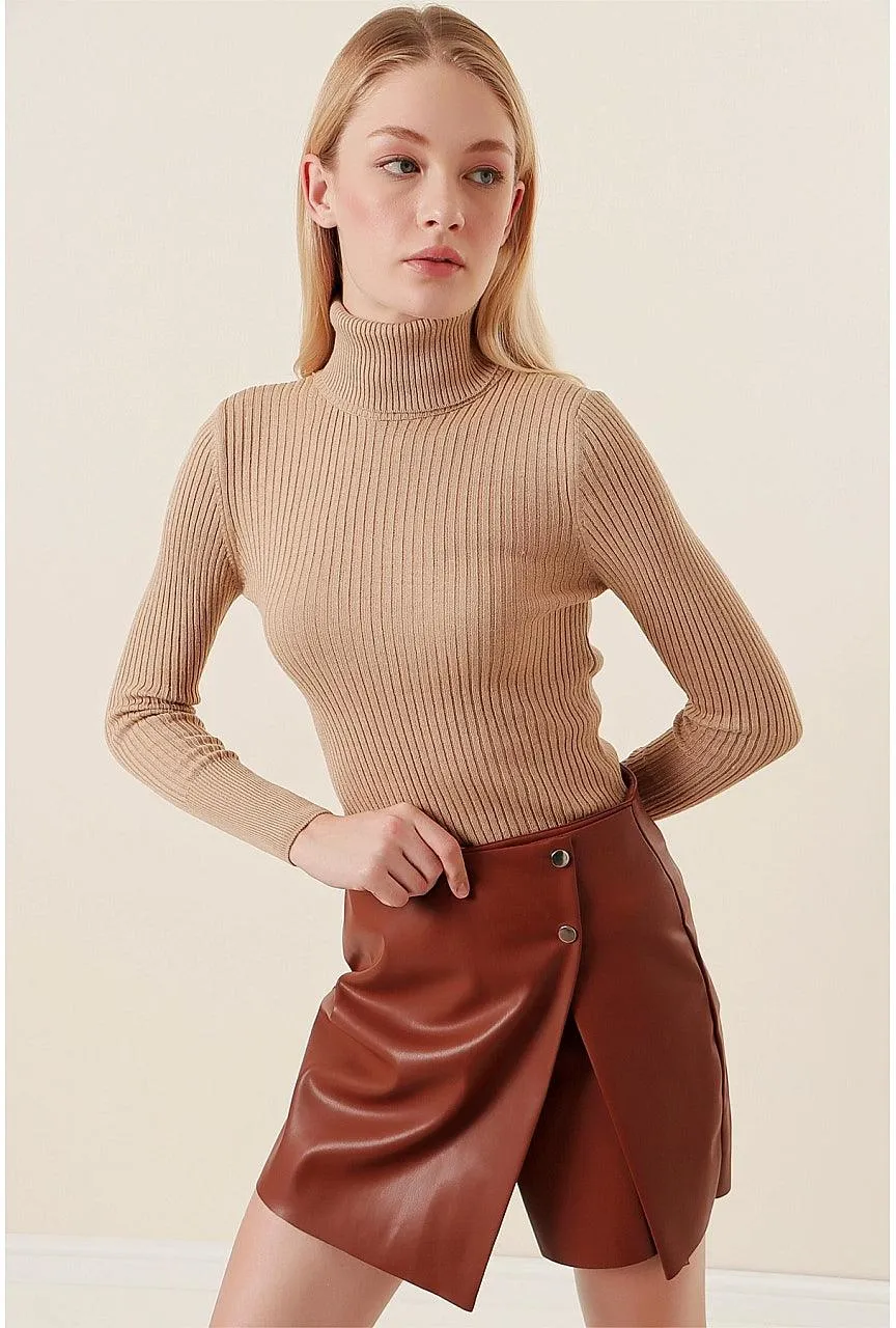 Women's Beige Ribbed Turtleneck Sweater | Classy Knitwear for All Seasons