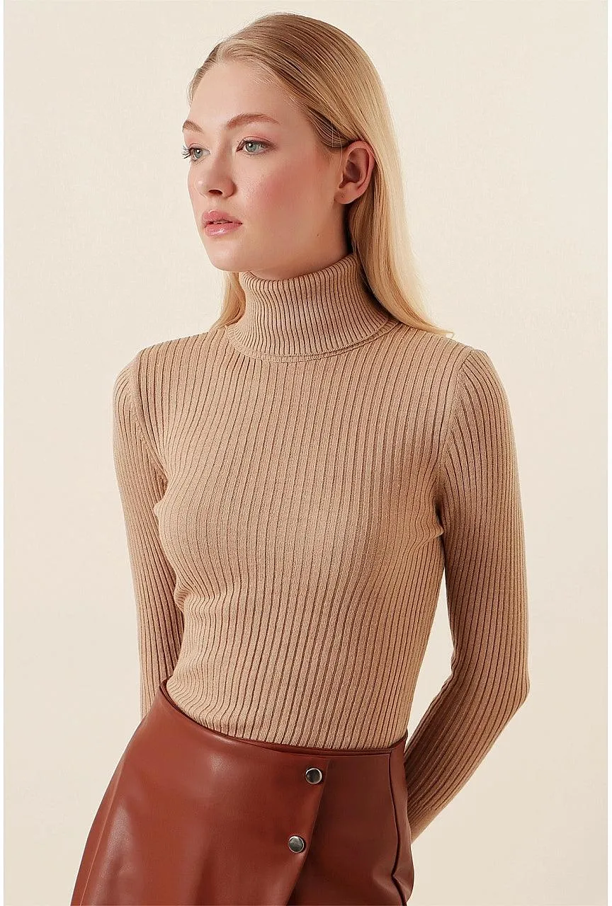 Women's Beige Ribbed Turtleneck Sweater | Classy Knitwear for All Seasons