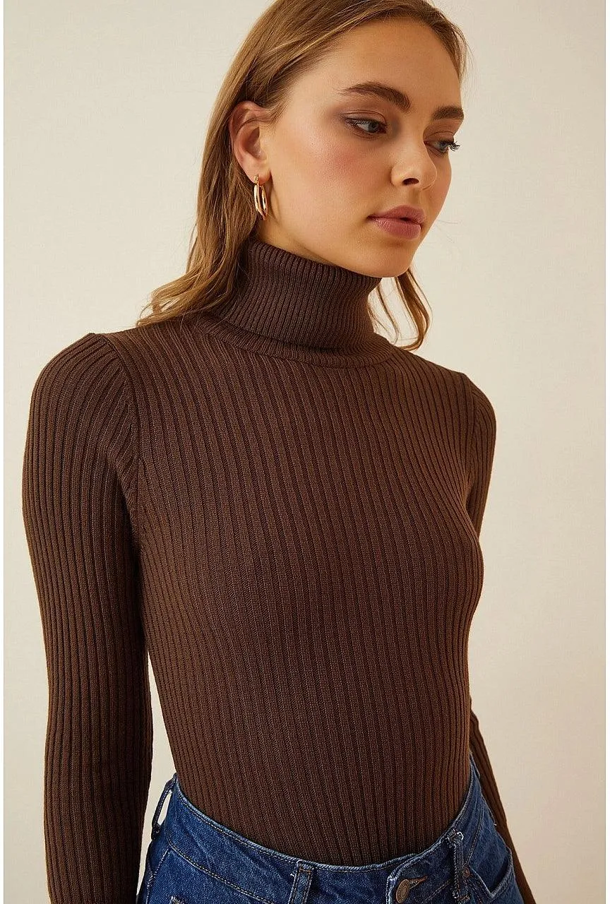 Women's Dark Brown Turtleneck Knitted Sweater