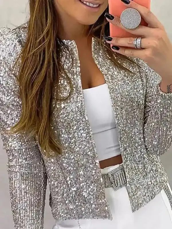 Women’s fashion round neck solid color sequined short coat casual all-match small coat