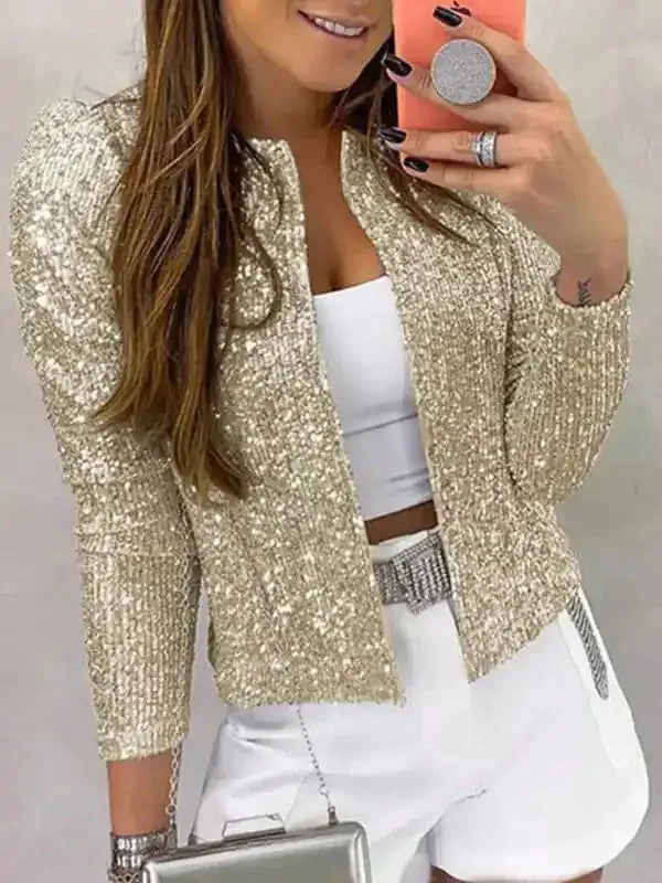 Women’s fashion round neck solid color sequined short coat casual all-match small coat