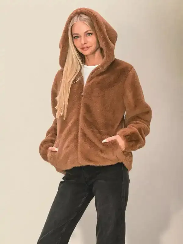 Women’s loose hooded zipper plush jacket