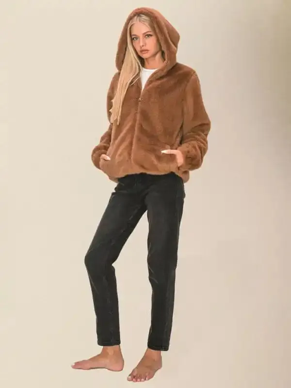 Women’s loose hooded zipper plush jacket