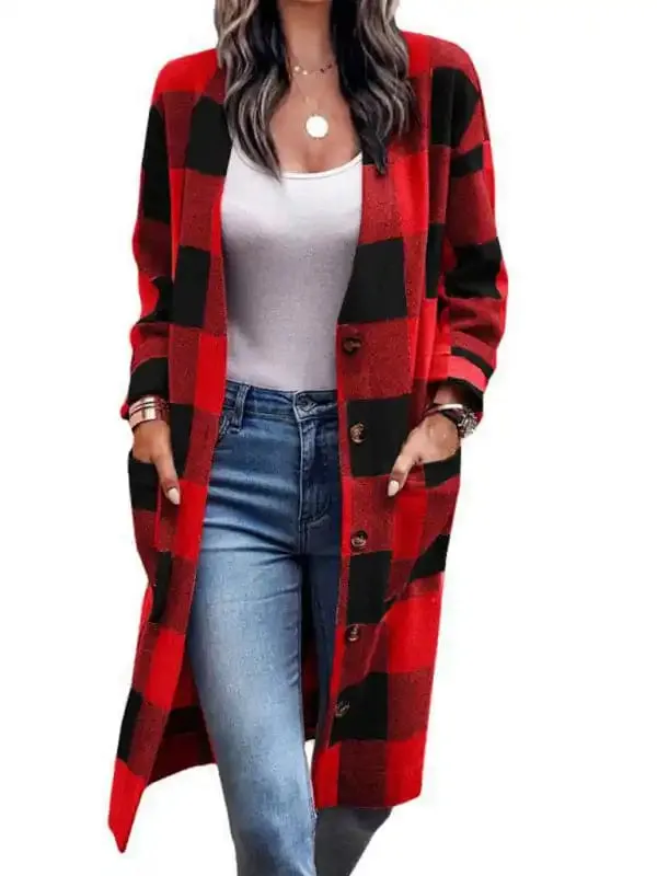 Women’s Plaid Print Long Line Drop Shoulder Coat