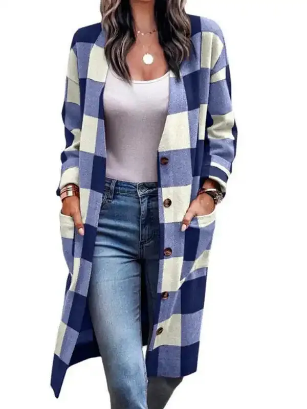 Women’s Plaid Print Long Line Drop Shoulder Coat