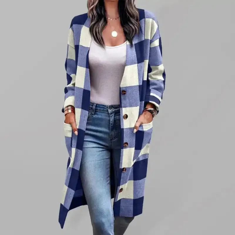 Women’s Plaid Print Long Line Drop Shoulder Coat