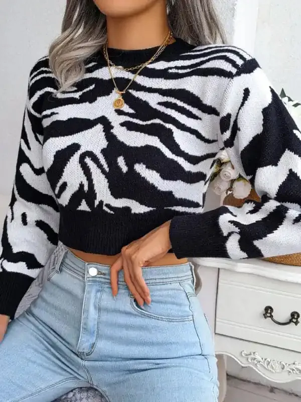 Women’s Print Long Sleeve Crop Knit Sweater