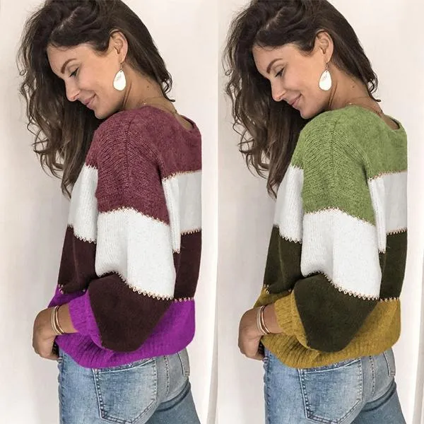 Women's Striped Patchwork Streetwear Loose Knitted Pullovers Tops