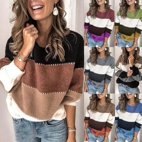 Women's Striped Patchwork Streetwear Loose Knitted Pullovers Tops