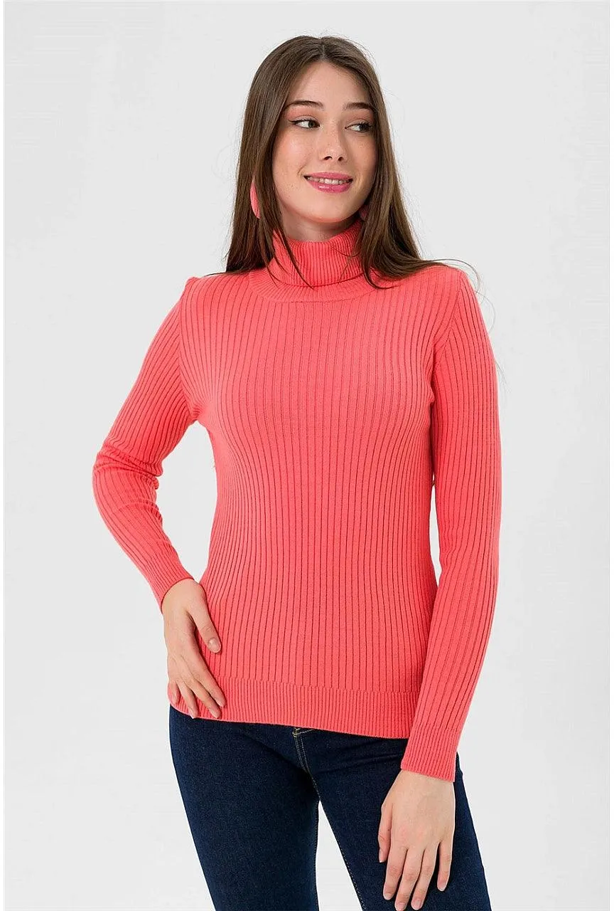 Women's Turtleneck Knitted Sweater - Vibrant Coral Color