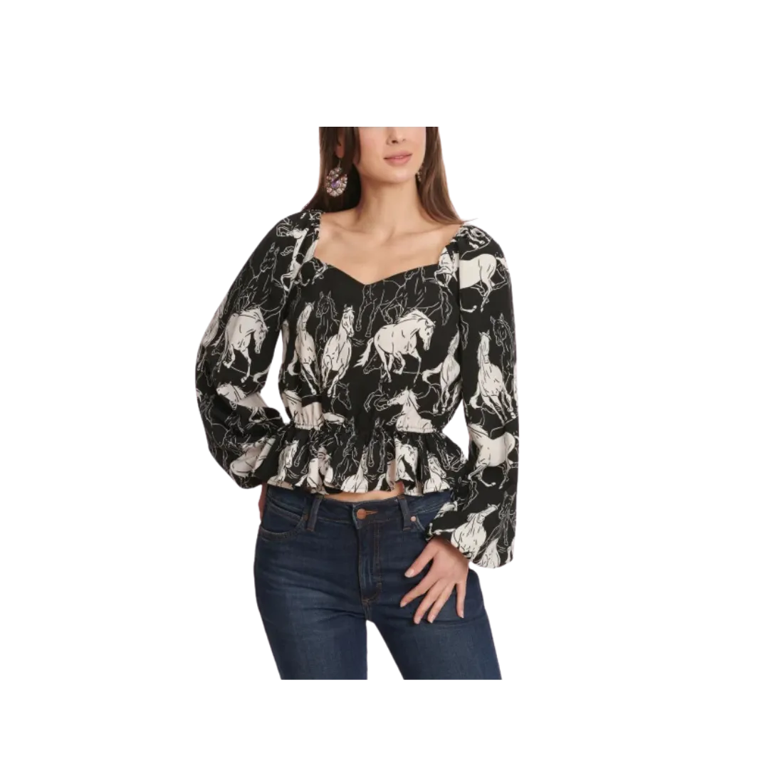 Wrangler Women's Retro Horse Print Peplum Top Black White Shirt