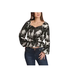 Wrangler Women's Retro Horse Print Peplum Top Black White Shirt